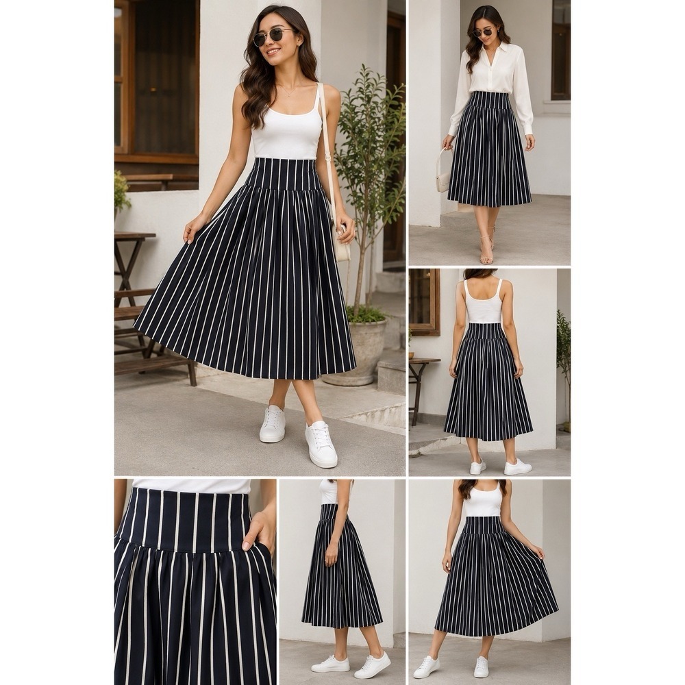 Nine West‎ Blue White Striped Midi Skirt Summer Beach Casual breezy chic y2k zip